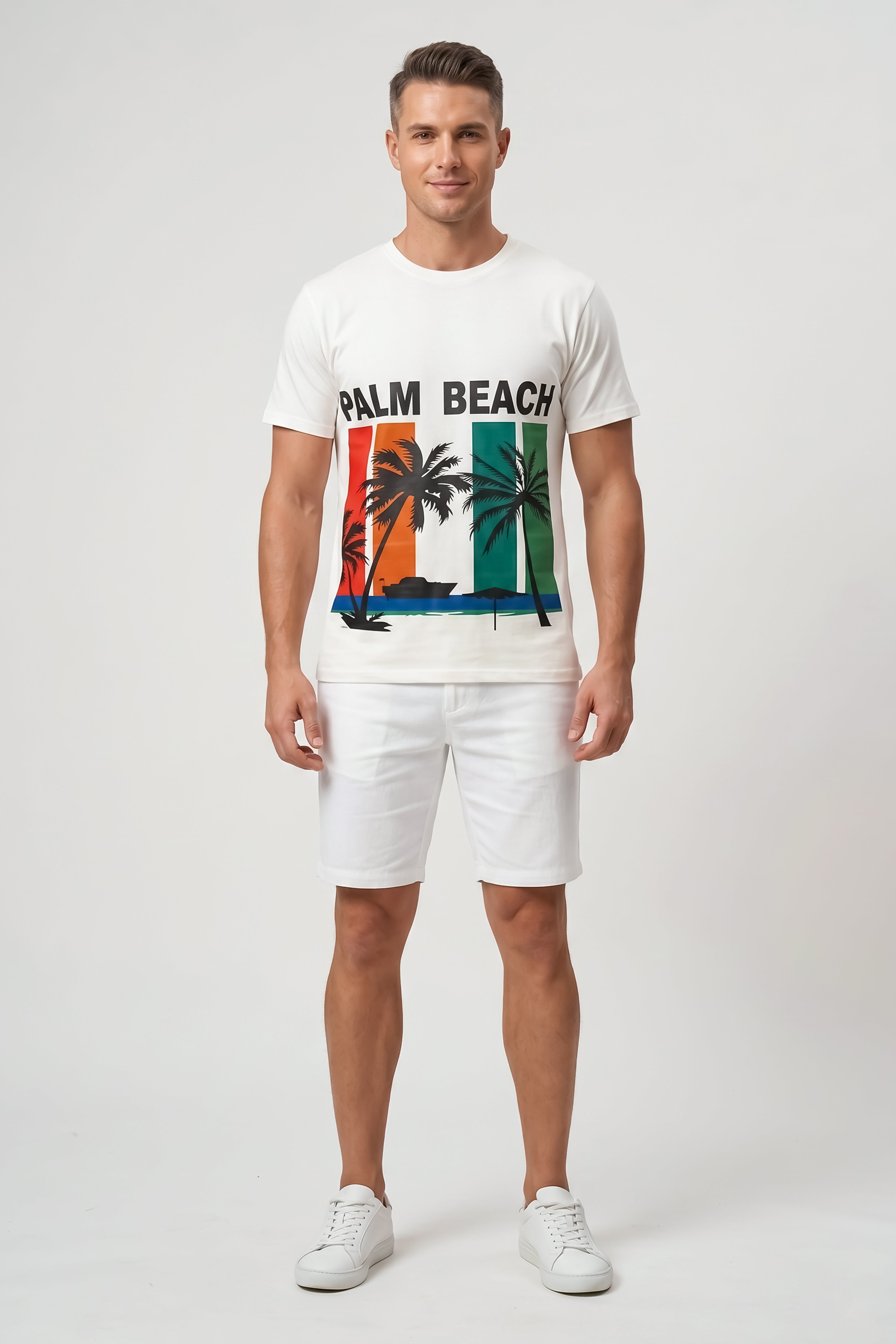 Attire Hub Mens Pure Cotton White Palm Beach Printed Round T-Shirt