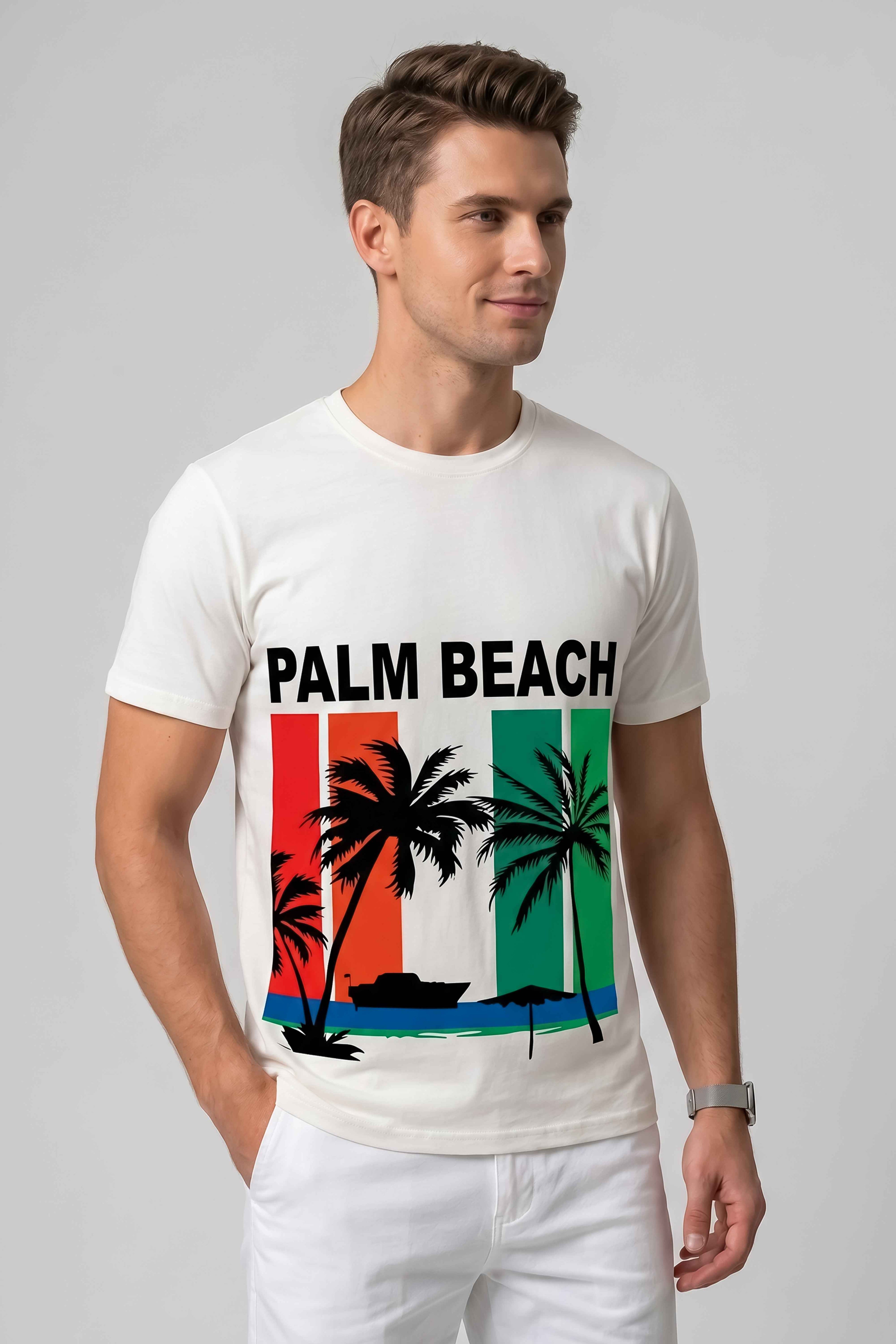 Attire Hub Mens Pure Cotton White Palm Beach Printed Round T-Shirt