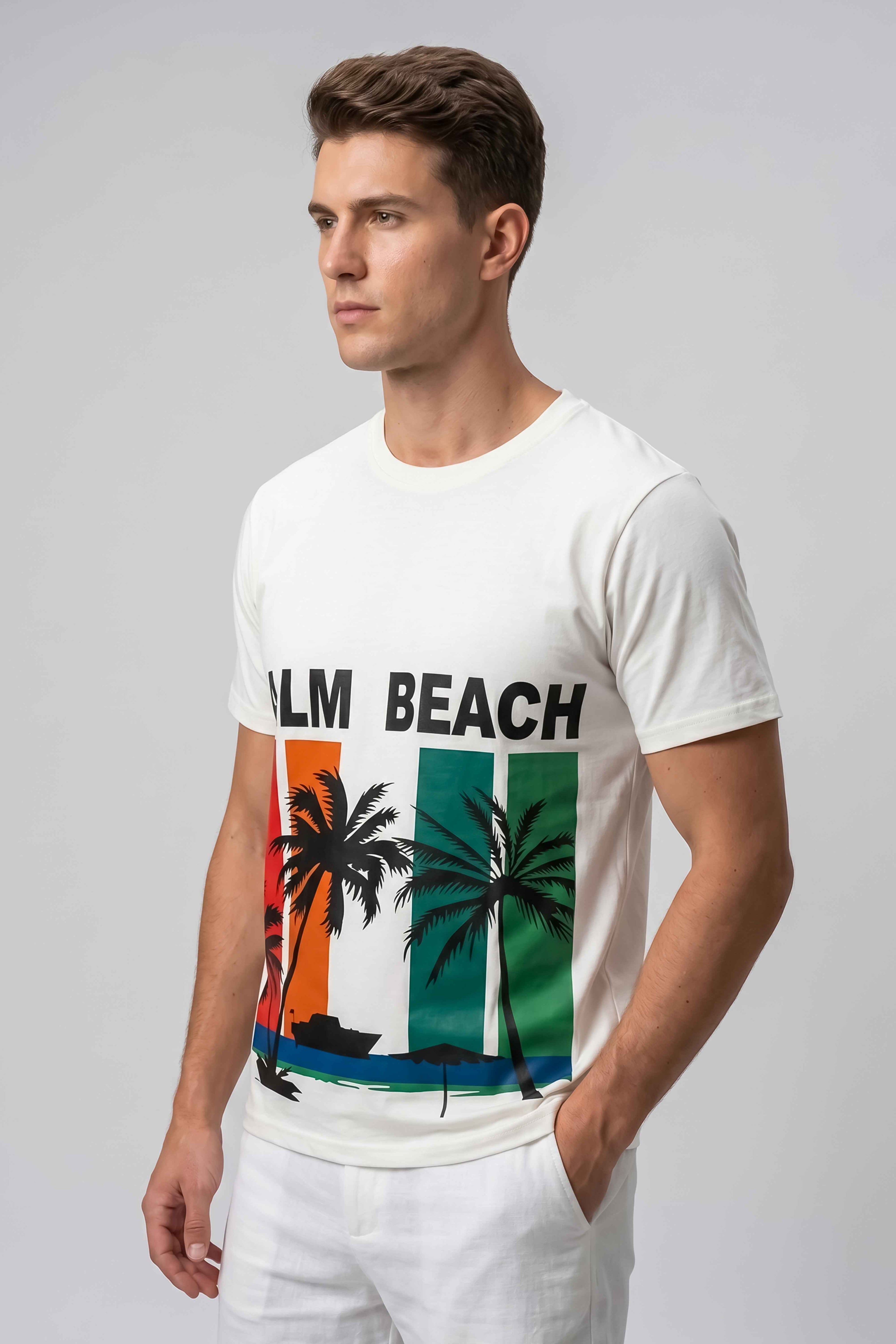 Attire Hub Mens Pure Cotton White Palm Beach Printed Round T-Shirt