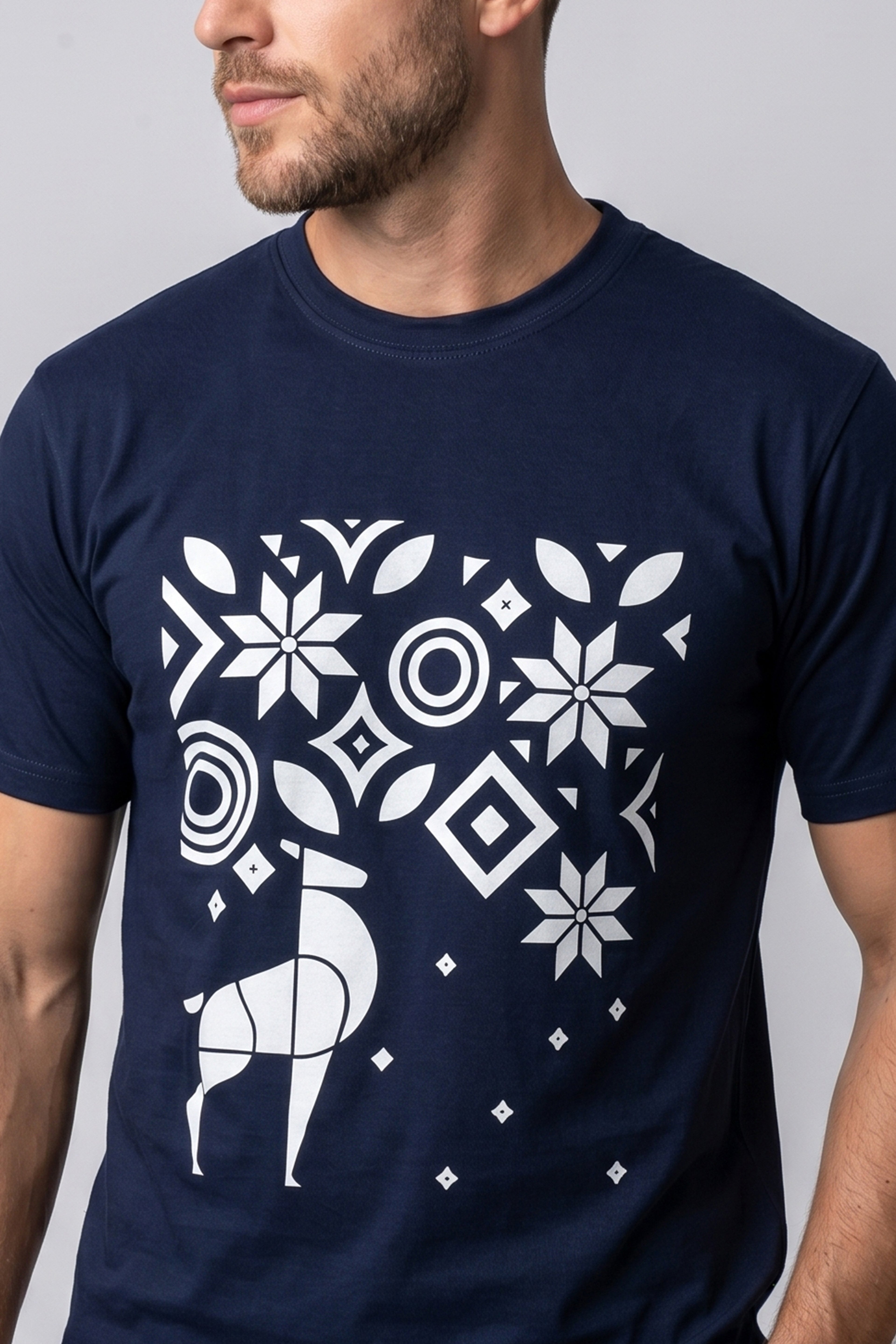 Geometric Reindeer Navy Blue Cotton T-Shirt