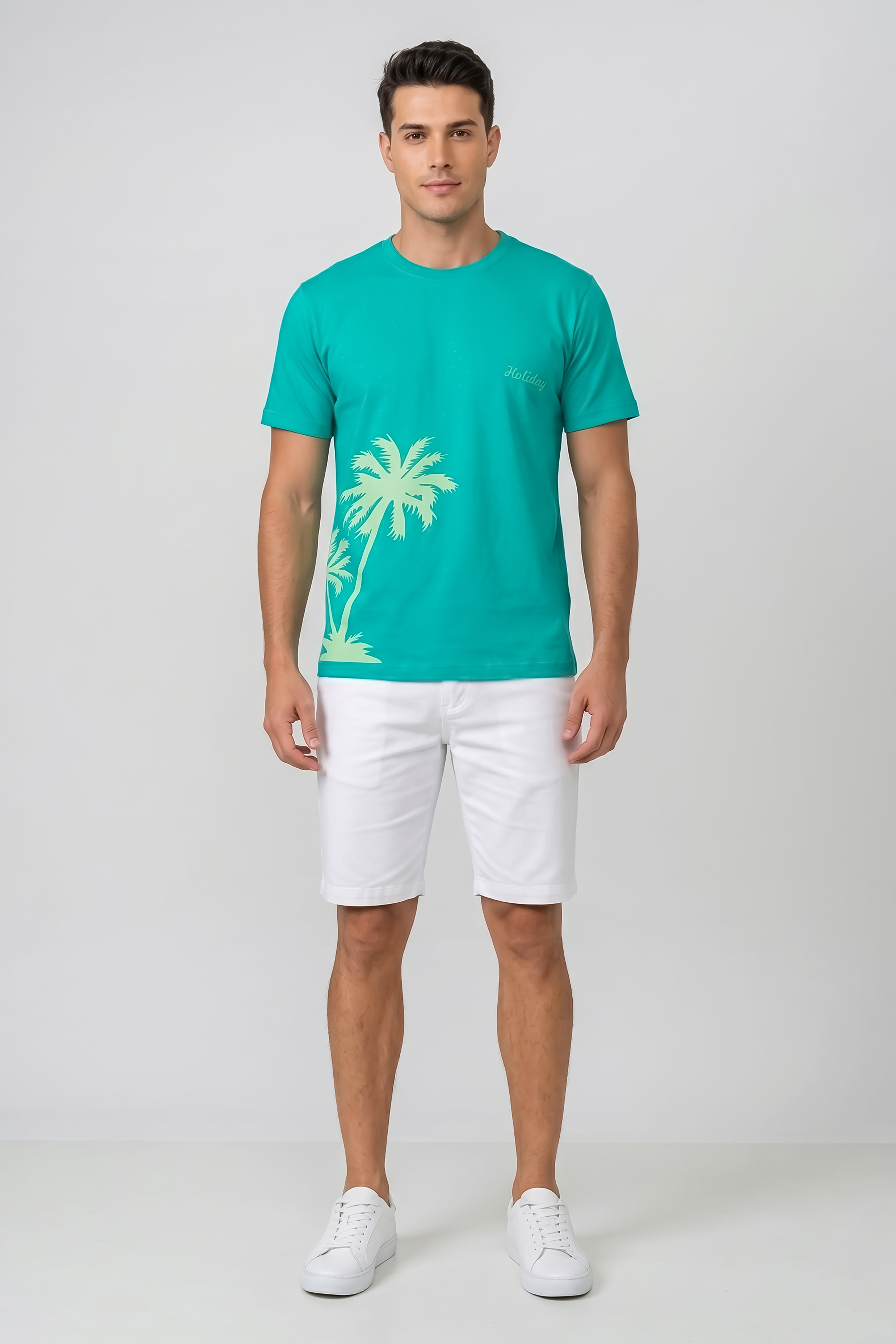 Attire Hub Mens Pure Cotton Teal Holiday Vives Printed Round T-Shirt