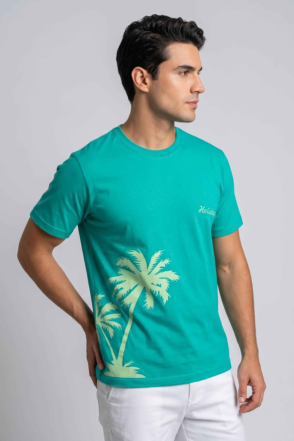 Attire Hub Mens Pure Cotton Teal Holiday Vives Printed Round T-Shirt