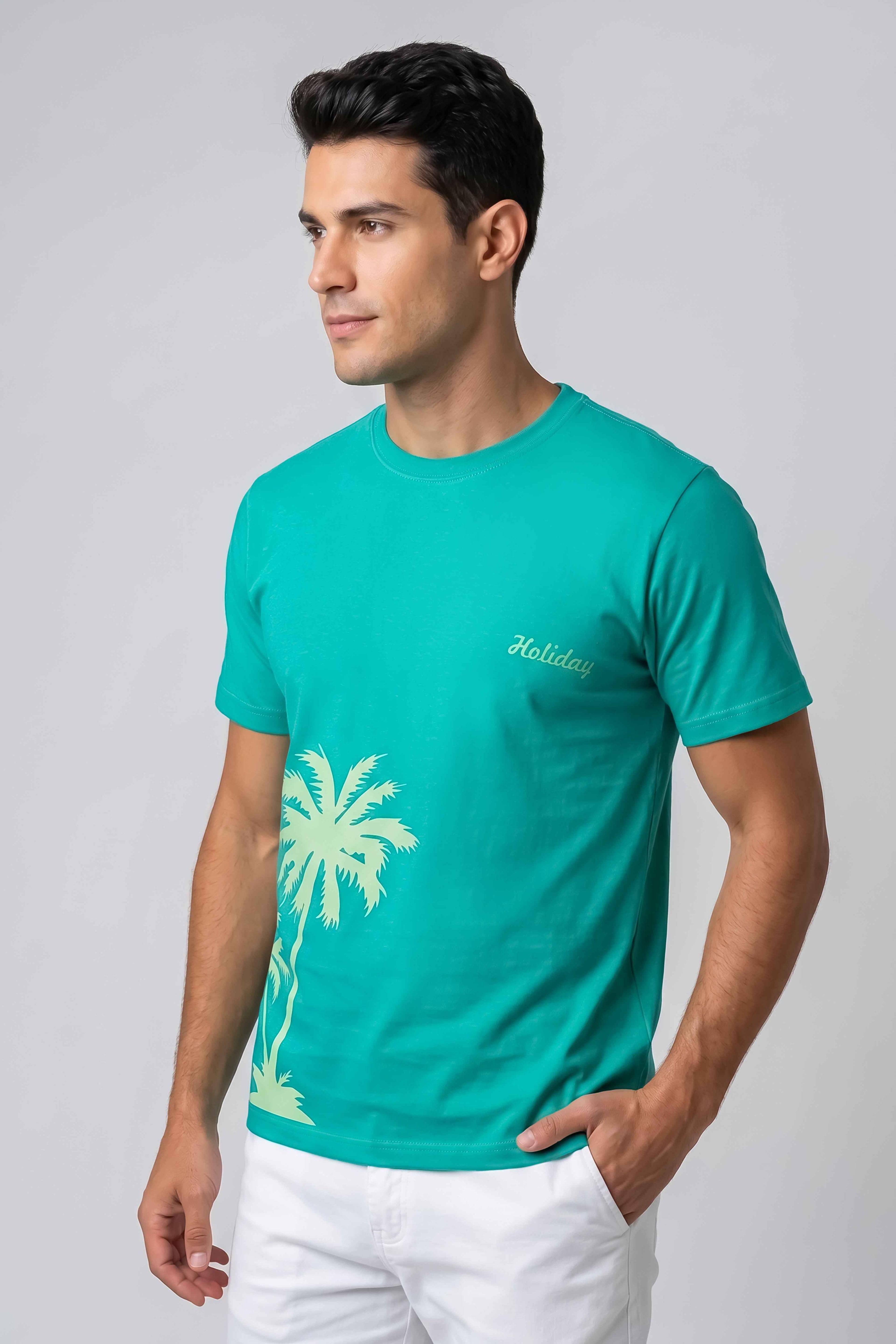 Attire Hub Mens Pure Cotton Teal Holiday Vives Printed Round T-Shirt