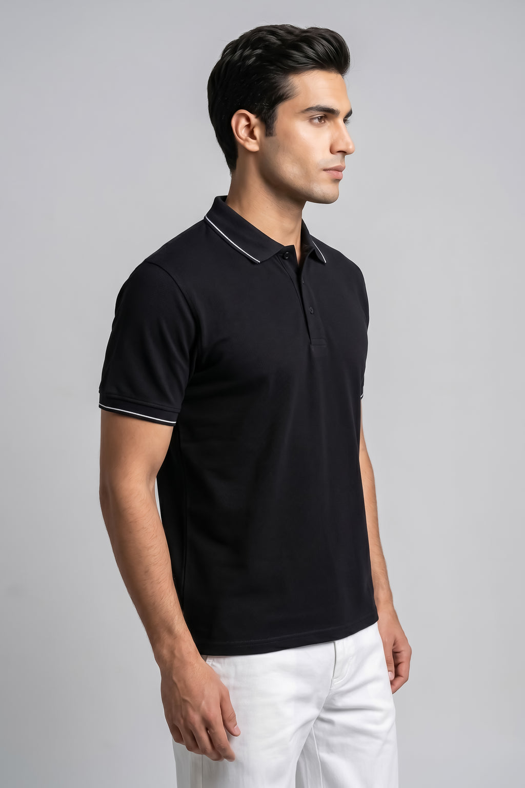 Classic Black Cotton Polo T-Shirt with Contrast Tipped