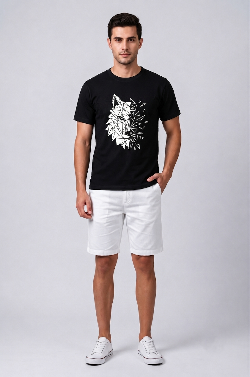 Attire Hub Mens Pure Cotton Black Geomatric Wolf Printed Round T-Shirt