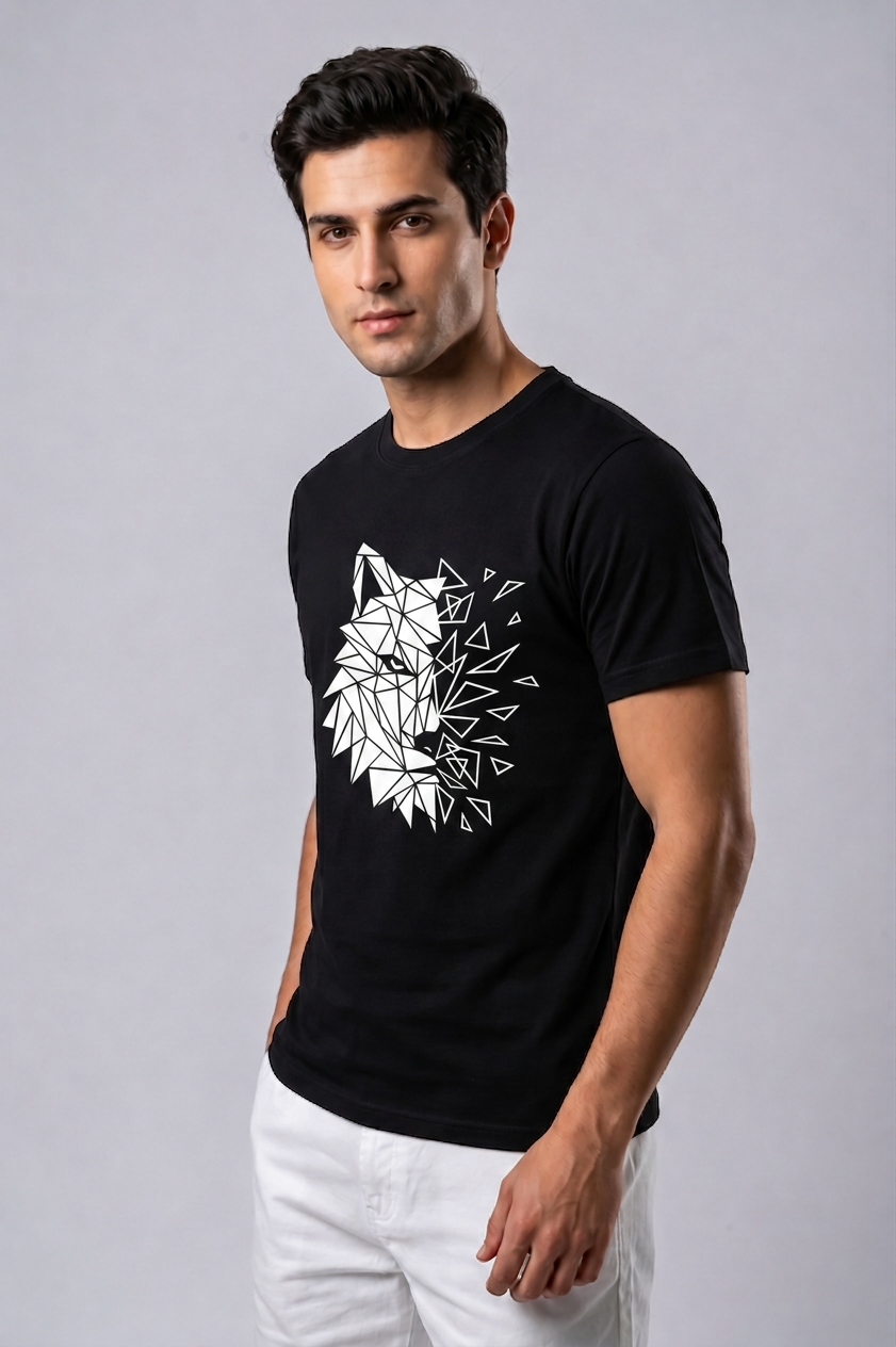 Attire Hub Mens Pure Cotton Black Geomatric Wolf Printed Round T-Shirt