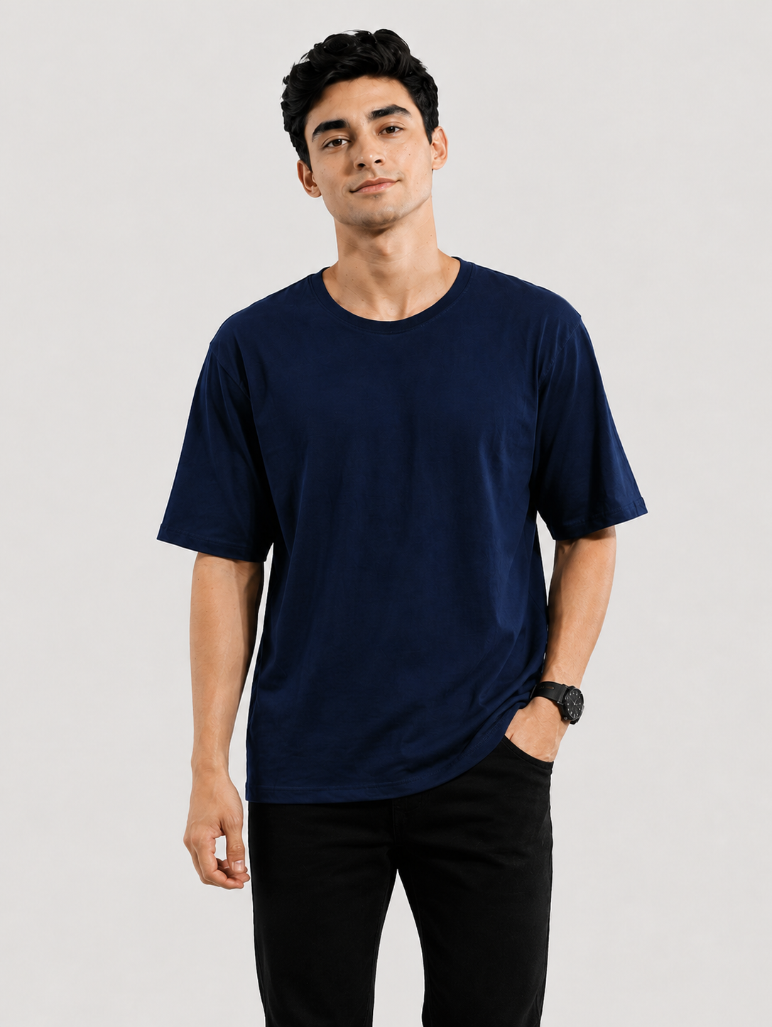 Men's Pure Cotton Midnight Blue Solid Round Oversized T-Shirt