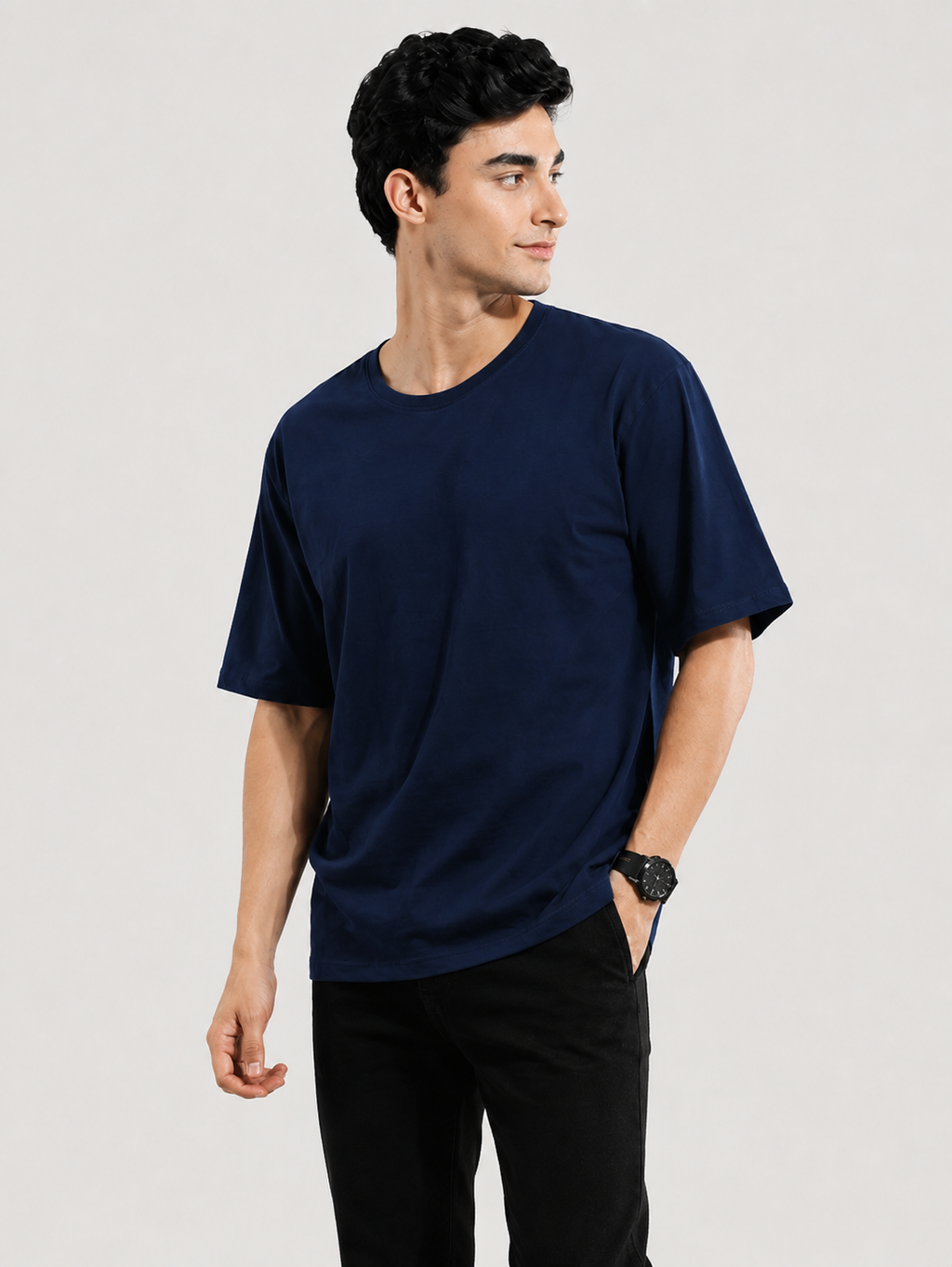 Men's Pure Cotton Midnight Blue Solid Round Oversized T-Shirt