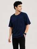 Men's Pure Cotton Midnight Blue Solid Round Oversized T-Shirt
