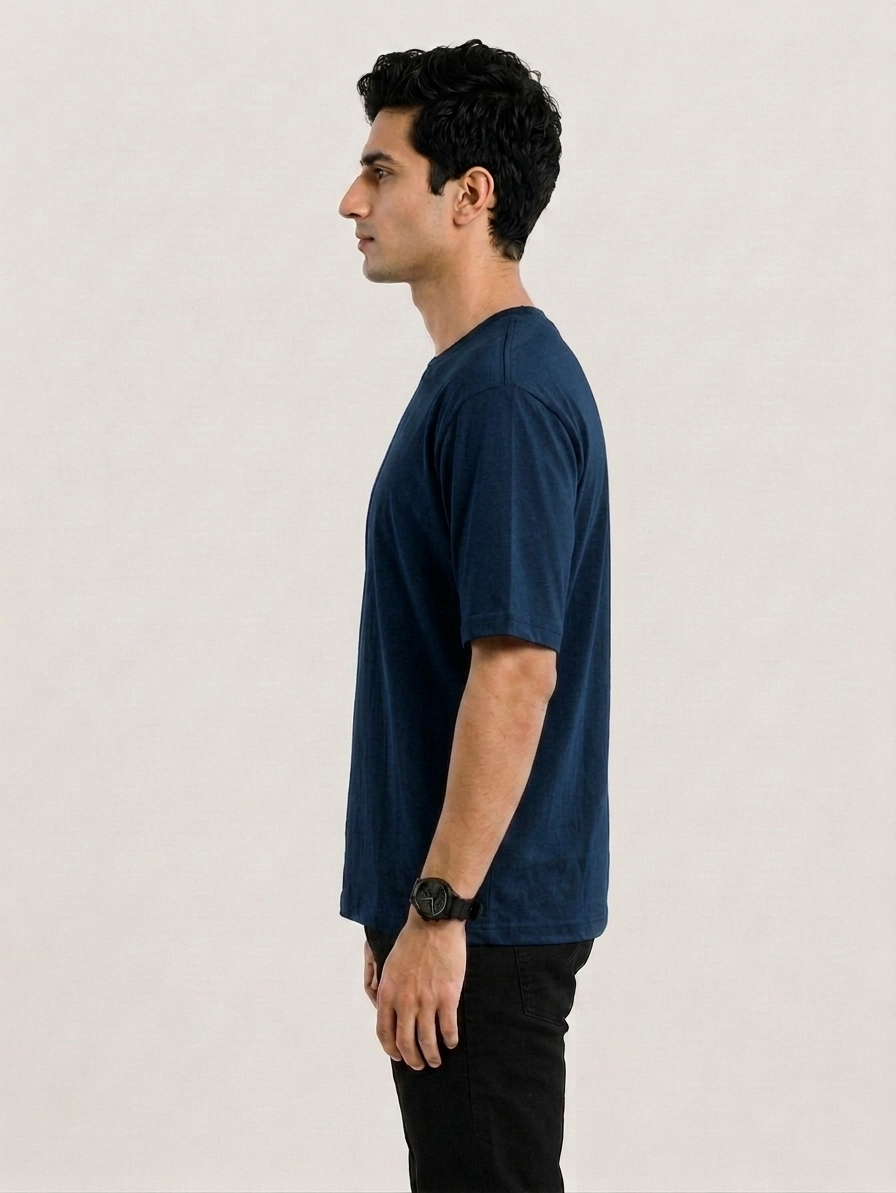 Men's Pure Cotton Midnight Blue Solid Round Oversized T-Shirt