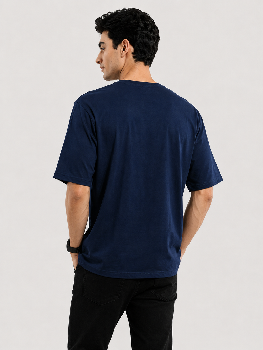 Men's Pure Cotton Midnight Blue Solid Round Oversized T-Shirt