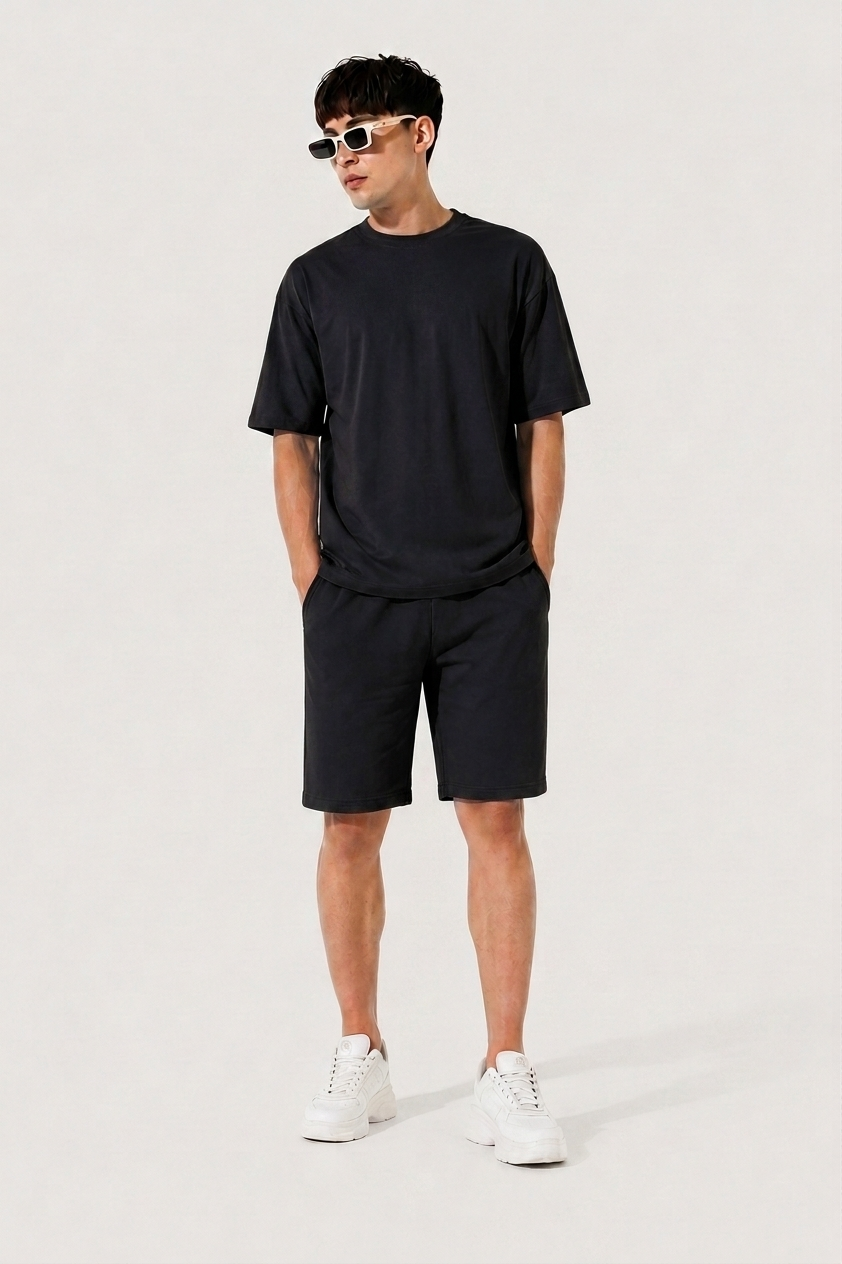 Attire Hub Mens Pure Cotton Black Solid Co-ords Set