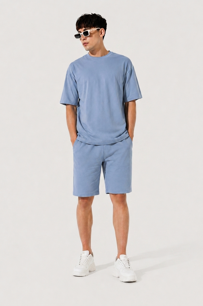 Attire Hub Mens Pure Cotton Air Blue Solid Co-ords Set