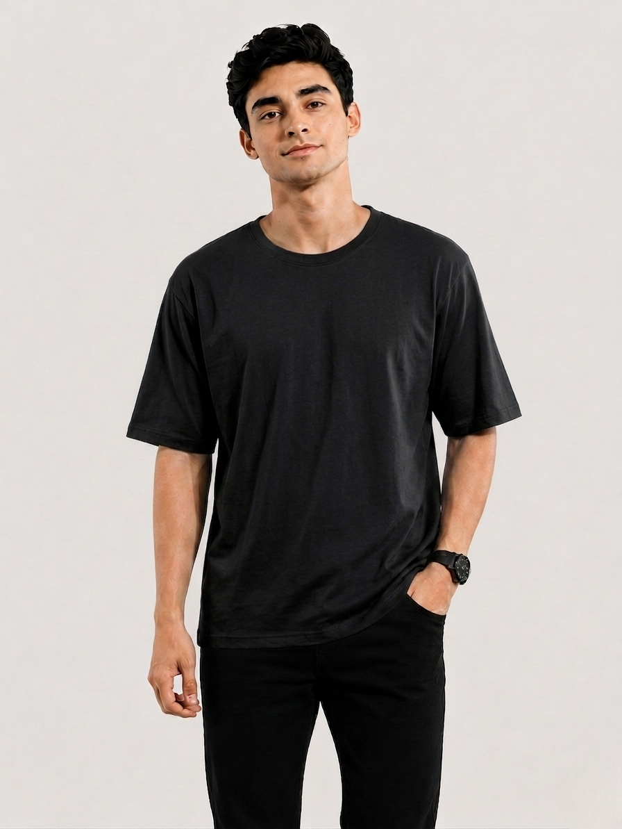 Mens Pure Cotton Black Solid Round Oversized T-Shirt