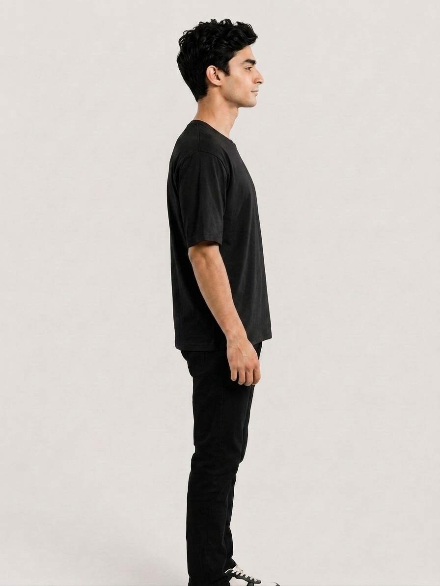 Mens Pure Cotton Black Solid Round Oversized T-Shirt