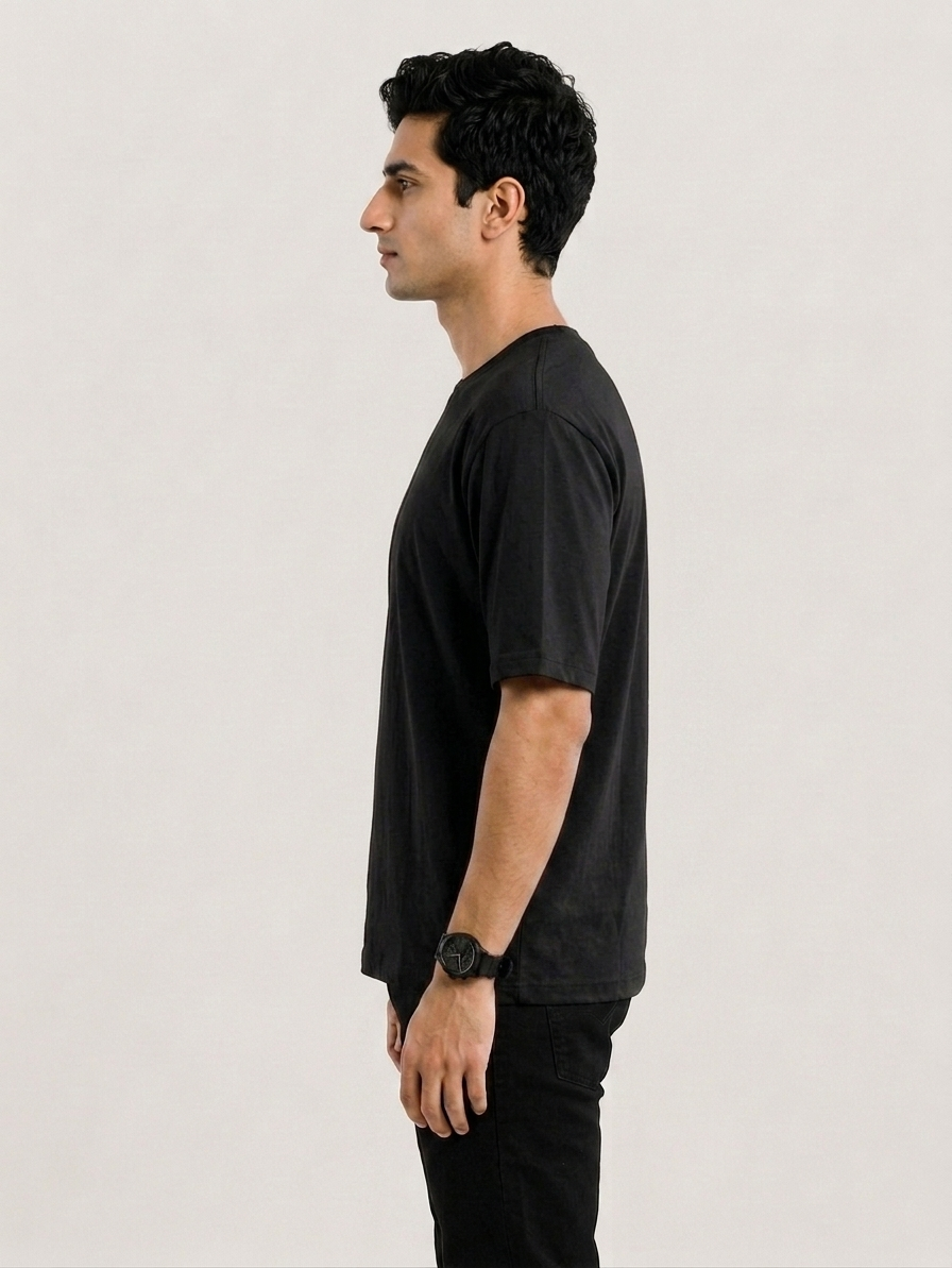 Mens Pure Cotton Black Solid Round Oversized T-Shirt