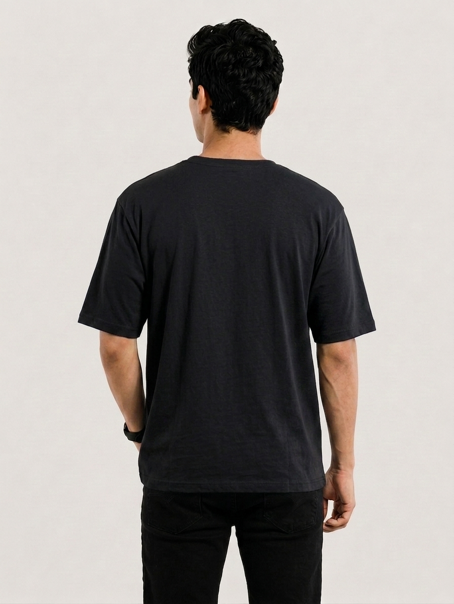 Mens Pure Cotton Black Solid Round Oversized T-Shirt