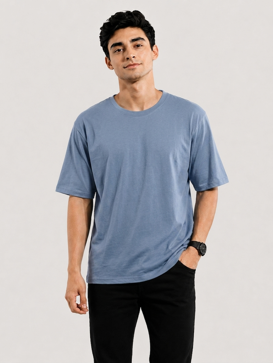 Mens Pure Cotton Air Blue Solid Round Oversized T-Shirt