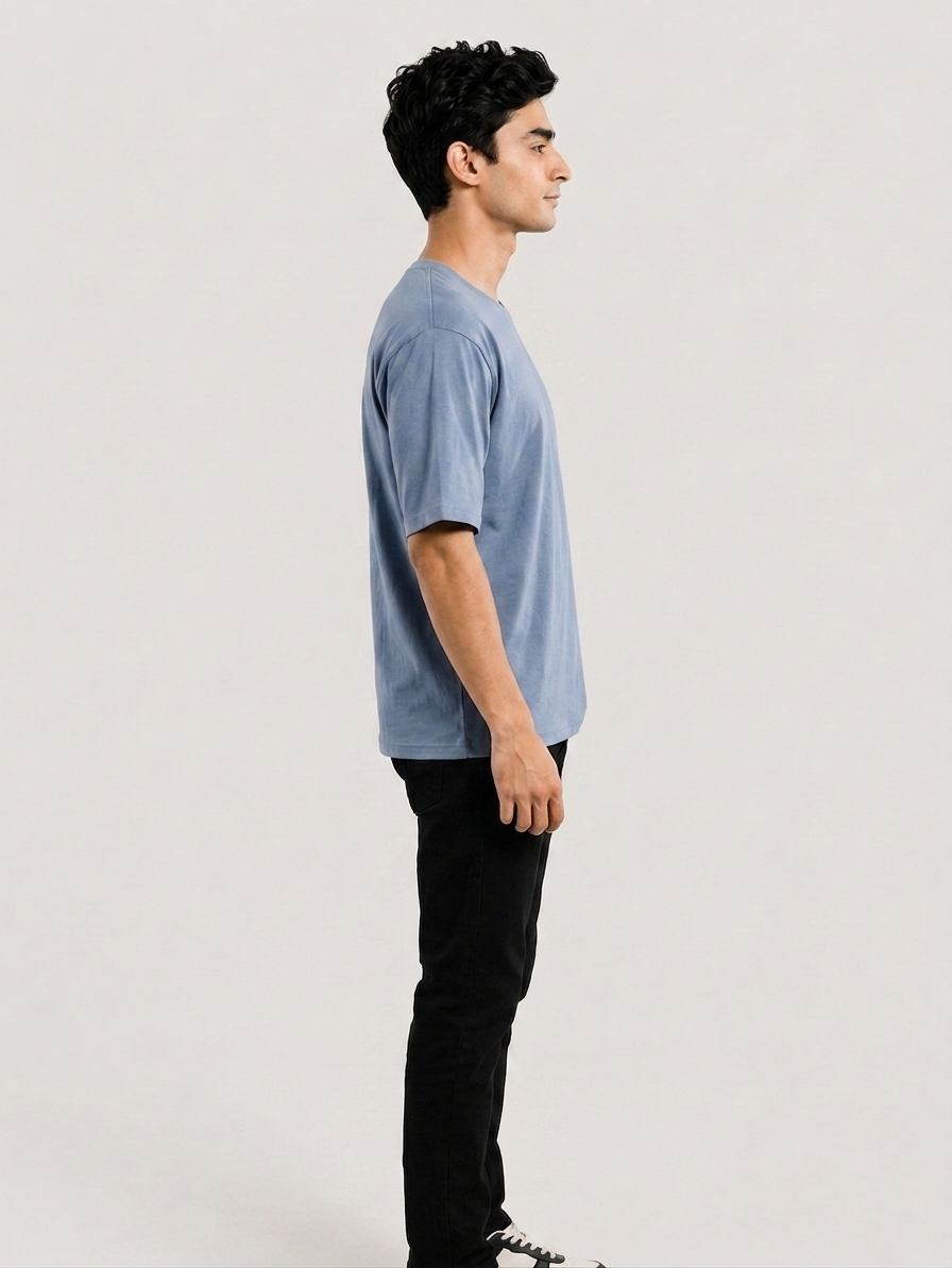 Mens Pure Cotton Air Blue Solid Round Oversized T-Shirt