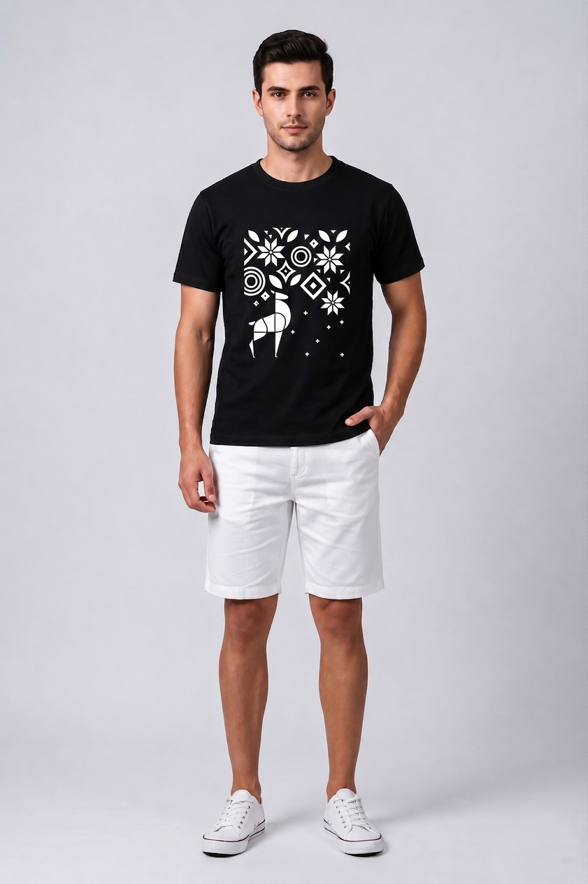 Attire Hub Mens Pure Cotton Black Geomatric Deer Printed Round T-Shirt