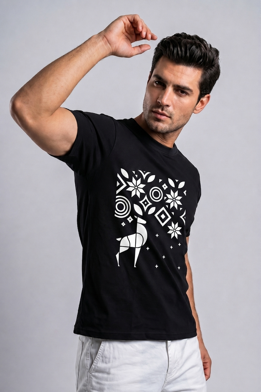 Attire Hub Mens Pure Cotton Black Geomatric Deer Printed Round T-Shirt