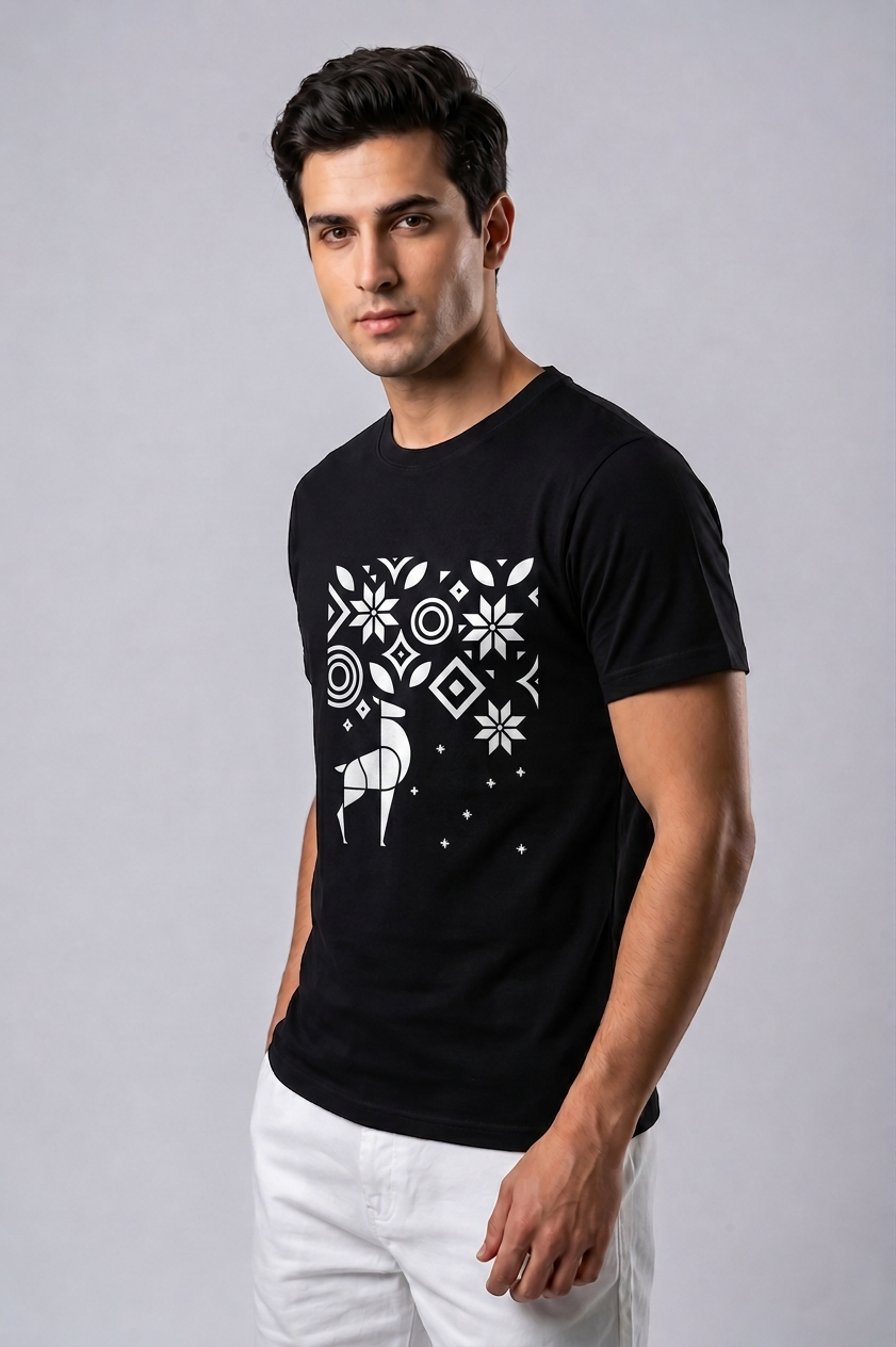 Attire Hub Mens Pure Cotton Black Geomatric Deer Printed Round T-Shirt
