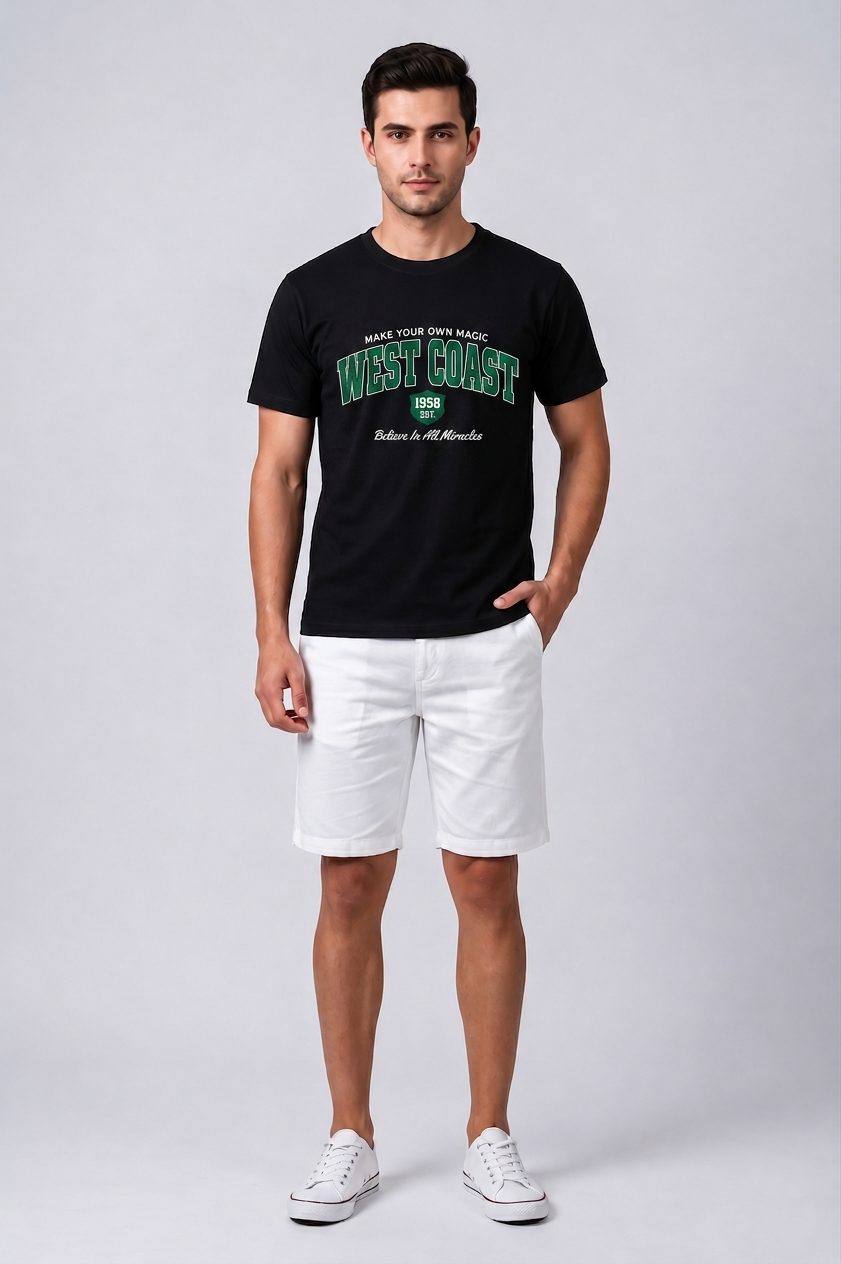 Attire Hub Mens Pure Cotton Black West Coast Printed Round T-Shirt