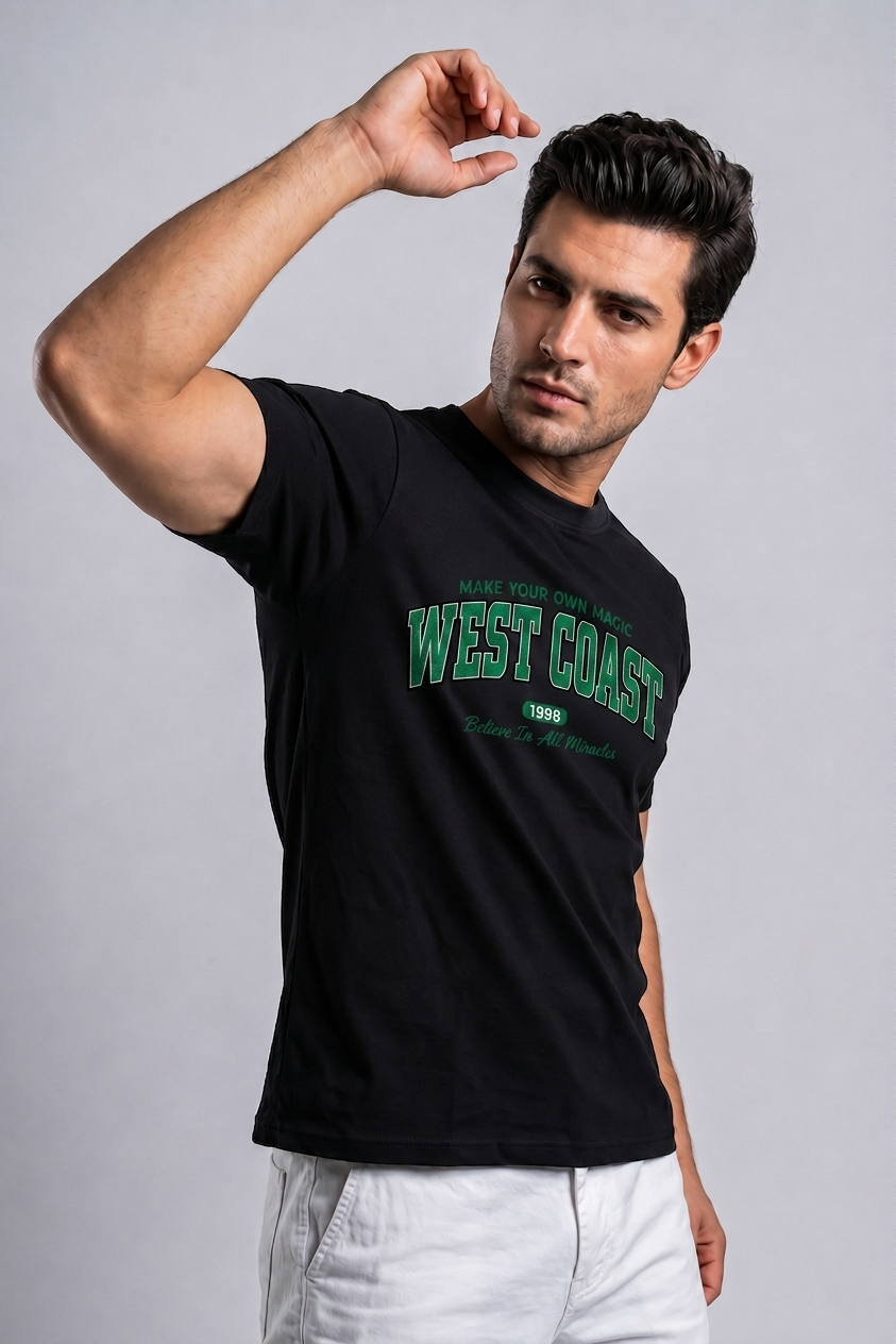 Attire Hub Mens Pure Cotton Black West Coast Printed Round T-Shirt