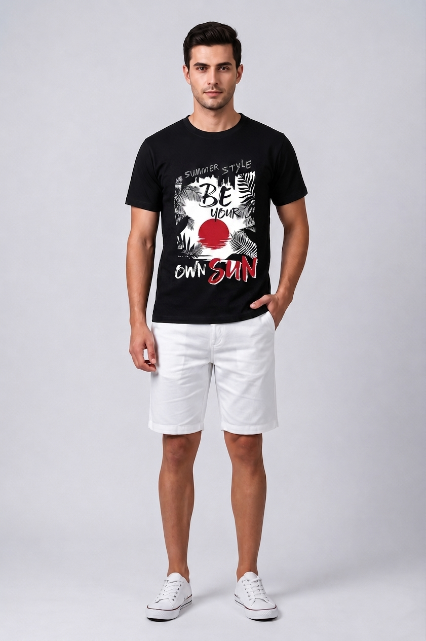 Attire Hub Mens Pure Cotton Black Summer Style Printed Round T-Shirt
