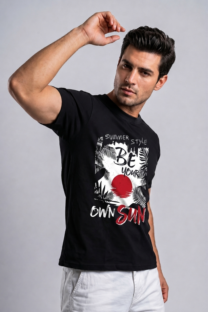 Attire Hub Mens Pure Cotton Black Summer Style Printed Round T-Shirt