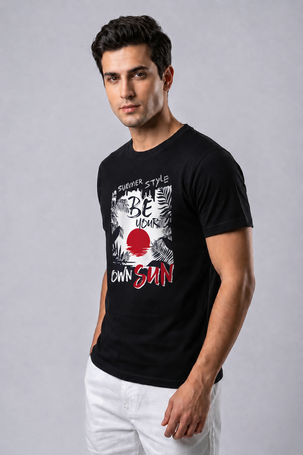Attire Hub Mens Pure Cotton Black Summer Style Printed Round T-Shirt
