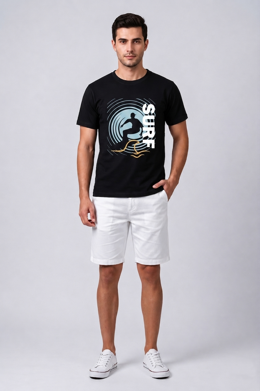 Attire Hub Mens Pure Cotton Black Surf Printed Round T-Shirt