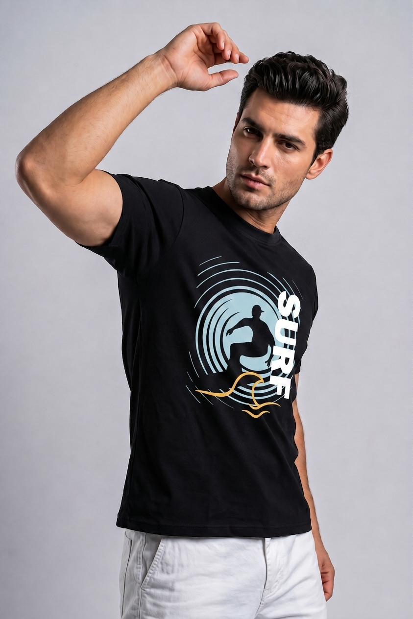 Attire Hub Mens Pure Cotton Black Surf Printed Round T-Shirt