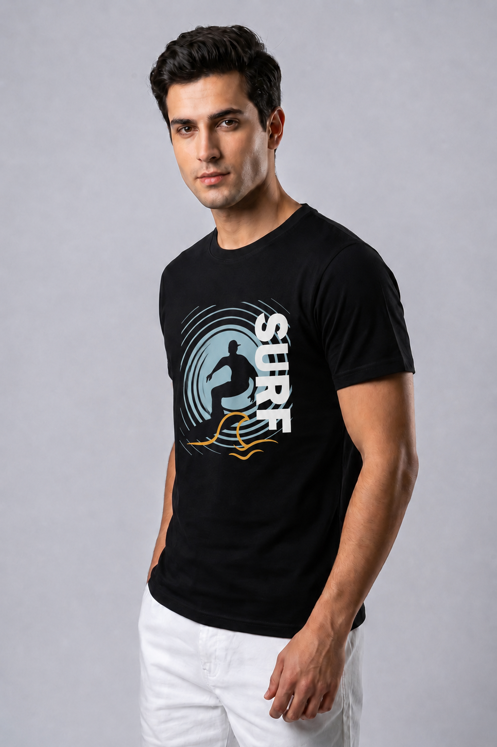 Attire Hub Mens Pure Cotton Black Surf Printed Round T-Shirt