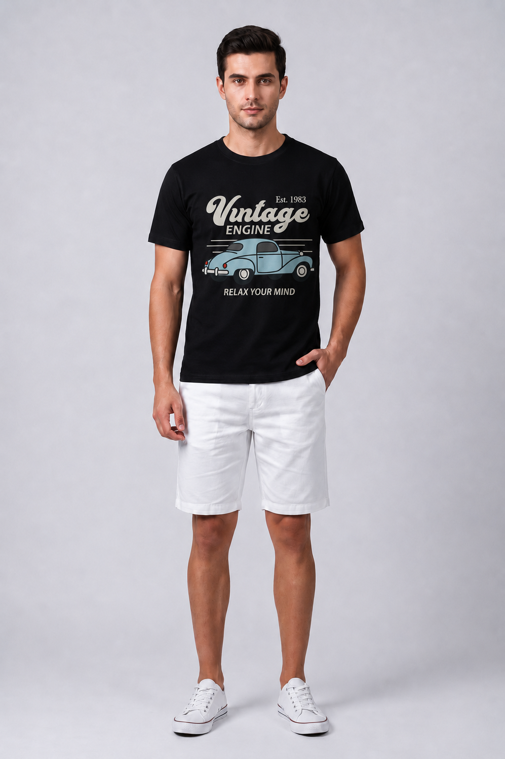 Attire Hub Mens Pure Cotton Black Vintage Engine Printed Round T-Shirt