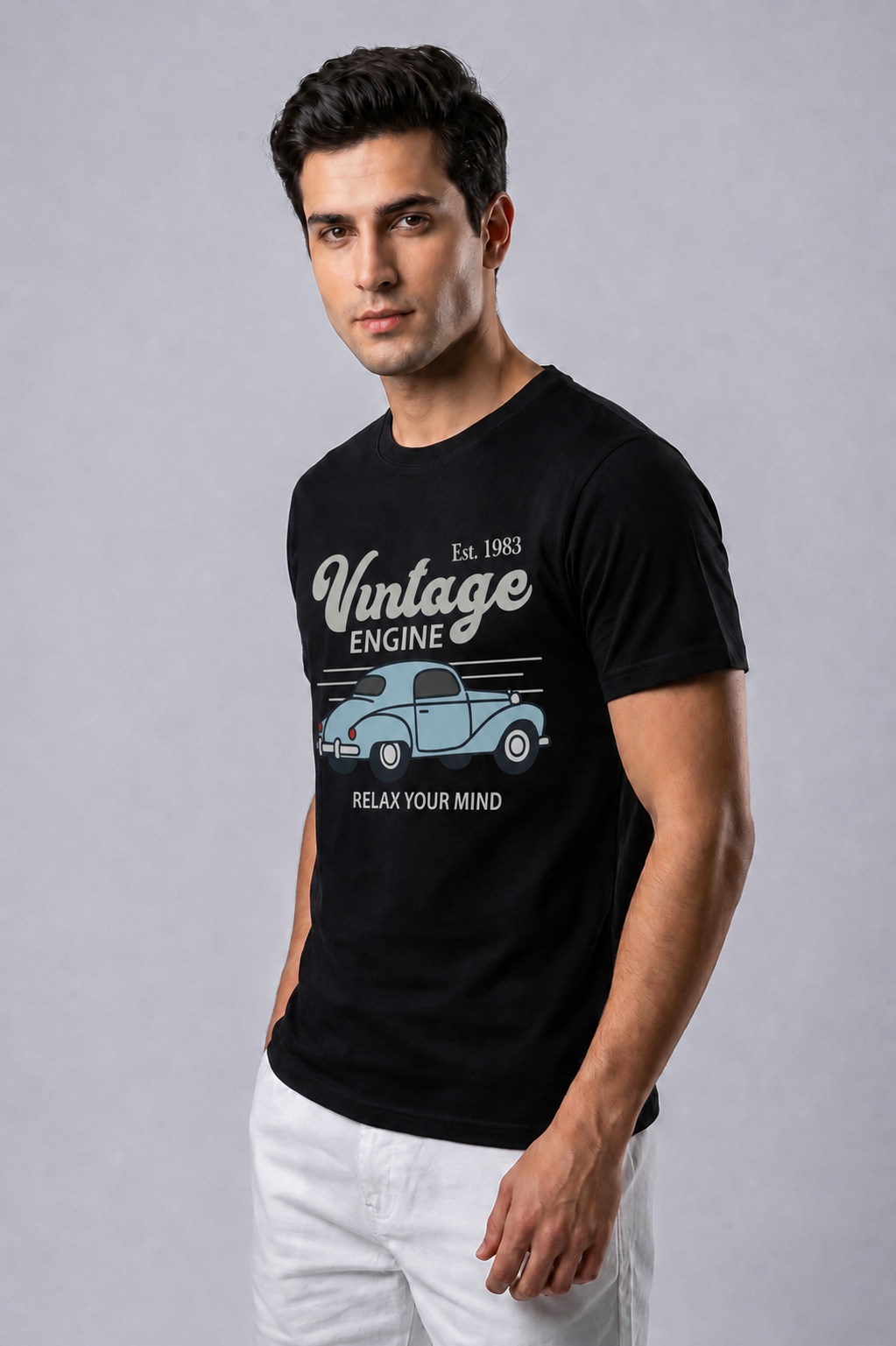 Attire Hub Mens Pure Cotton Black Vintage Engine Printed Round T-Shirt