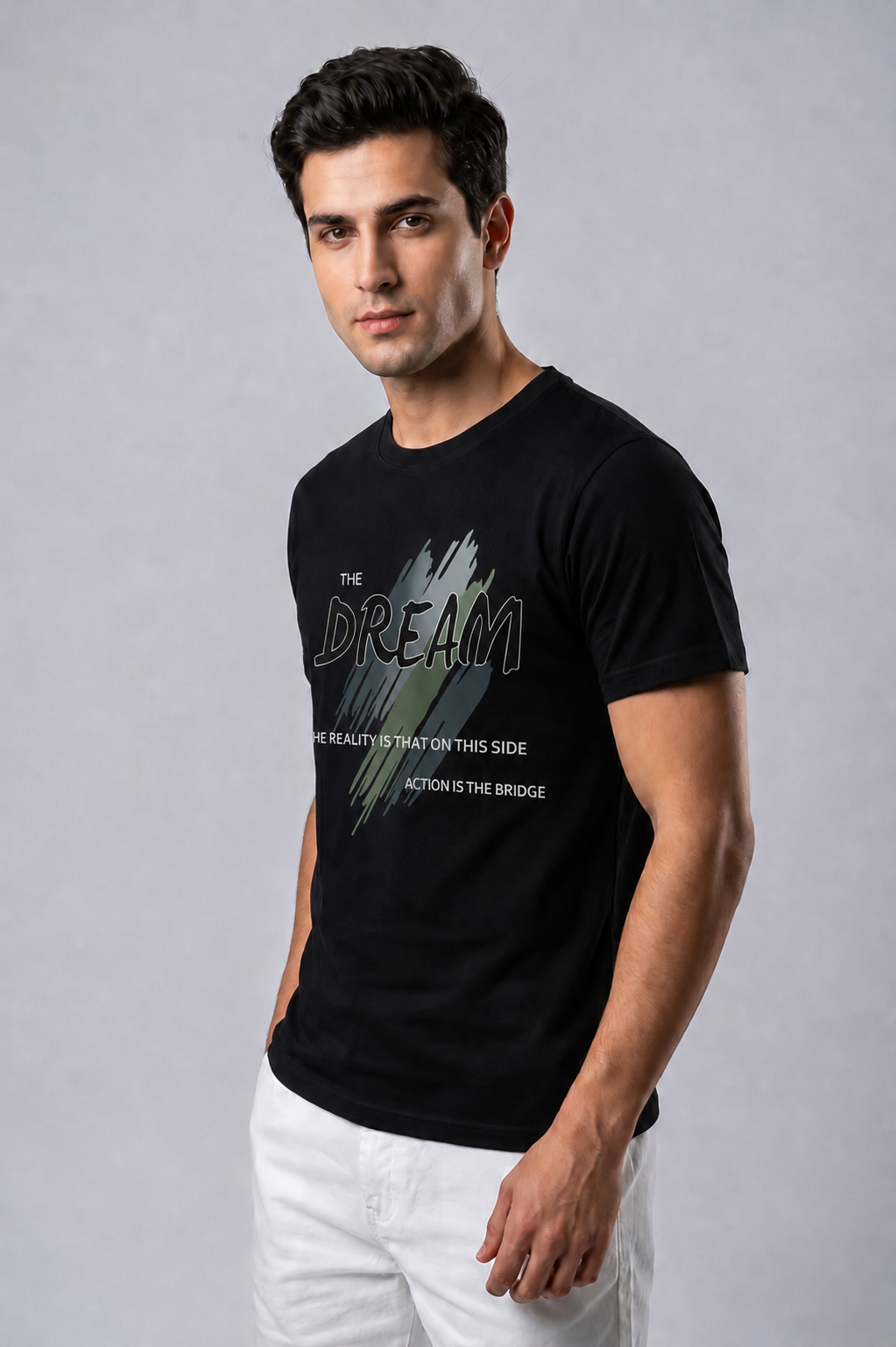 Attire Hub Mens Pure Cotton Black The Dream Printed Round T-Shirt