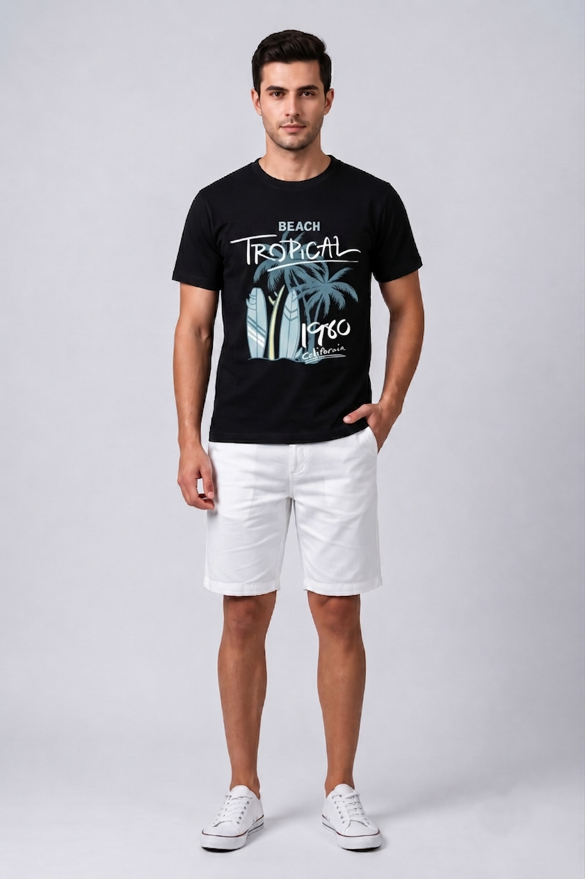Attire Hub Mens Pure Cotton Black Beach Tropical Printed Round T-Shirt