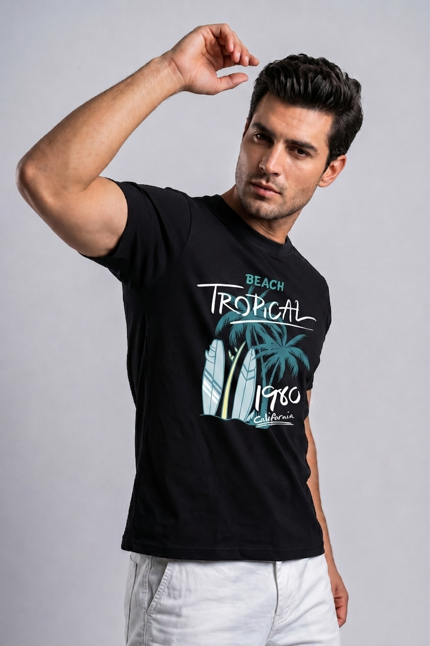 Attire Hub Mens Pure Cotton Black Beach Tropical Printed Round T-Shirt