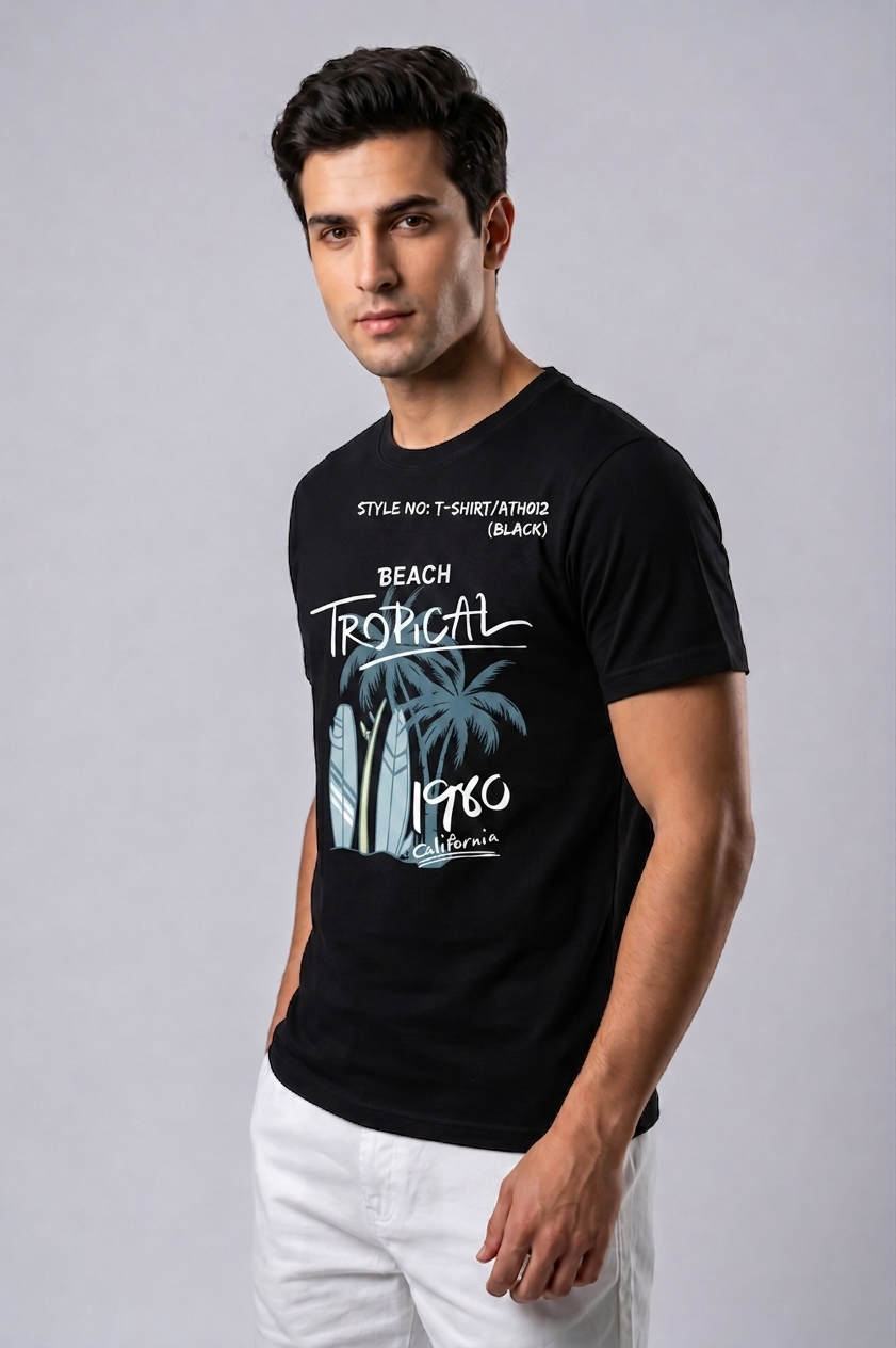Attire Hub Mens Pure Cotton Black Beach Tropical Printed Round T-Shirt