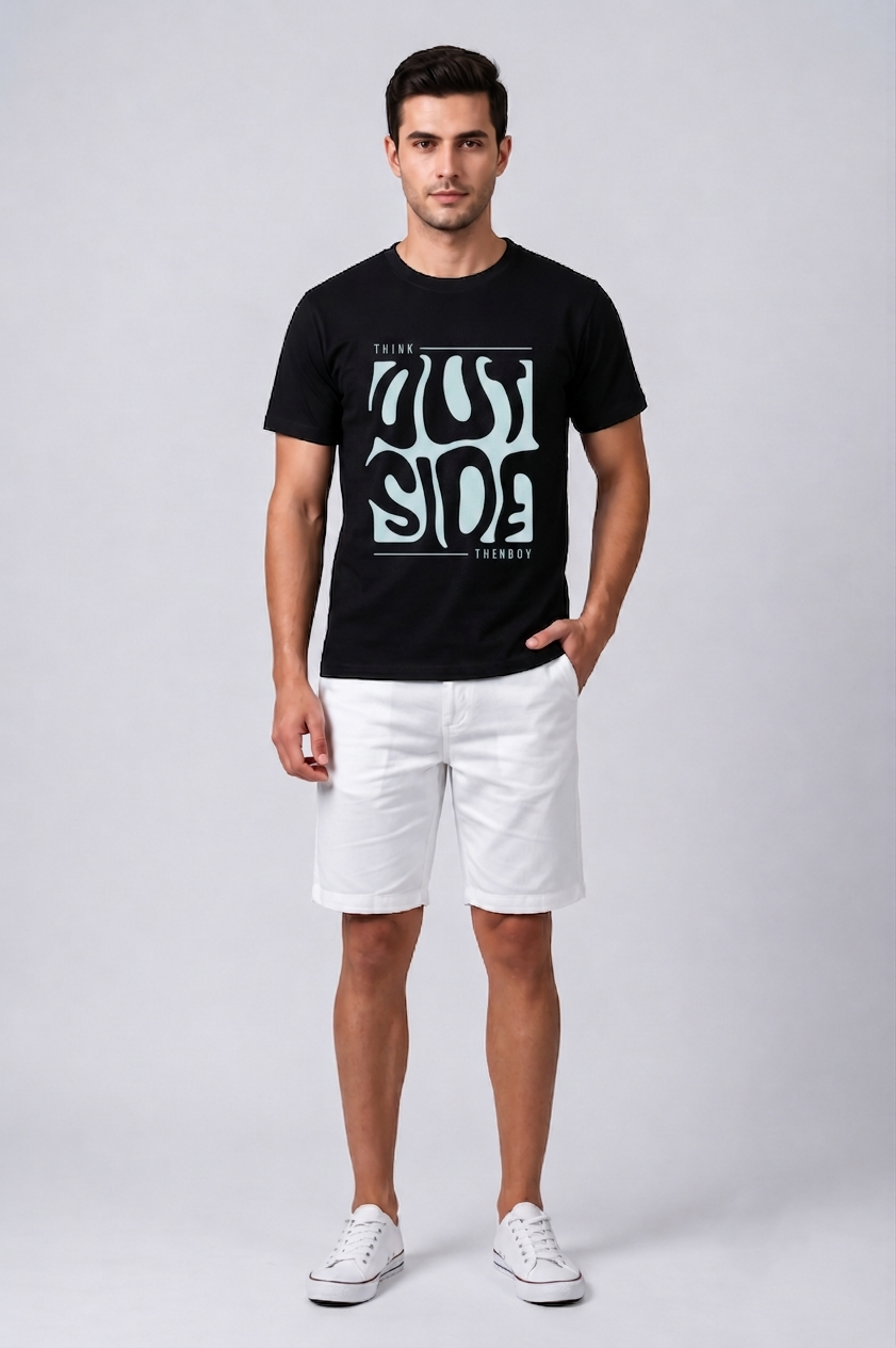 Attire Hub Mens Pure Cotton Black Outside Printed Round T-Shirt