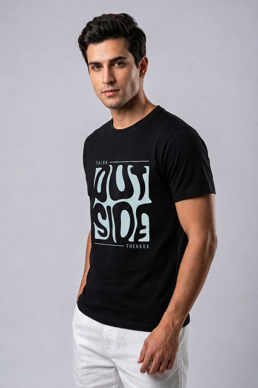 Attire Hub Mens Pure Cotton Black Outside Printed Round T-Shirt