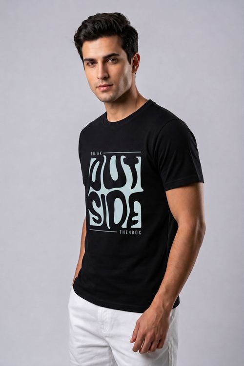 Attire Hub Mens Pure Cotton Black Outside Printed Round T-Shirt