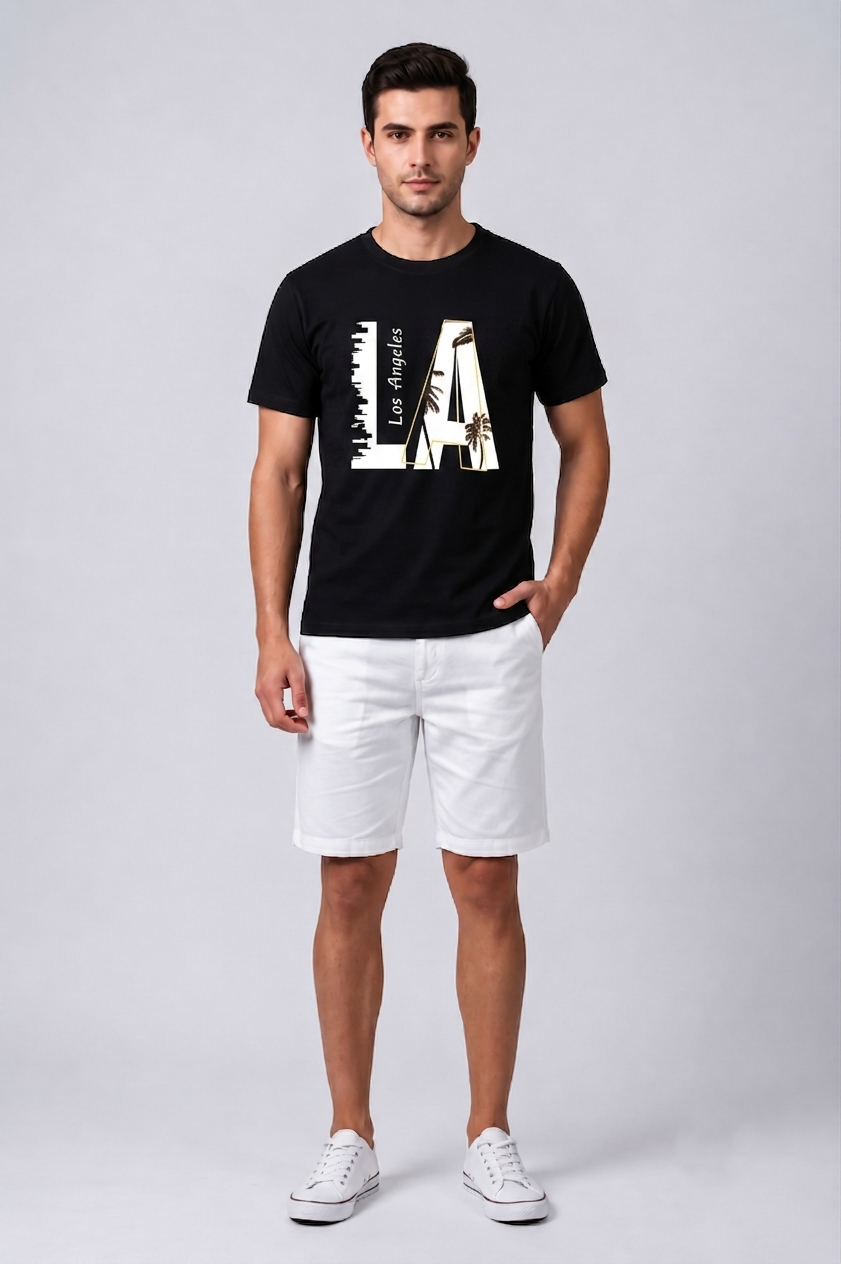 Attire Hub Mens Pure Cotton Black Los Angeles Printed Round T-Shirt