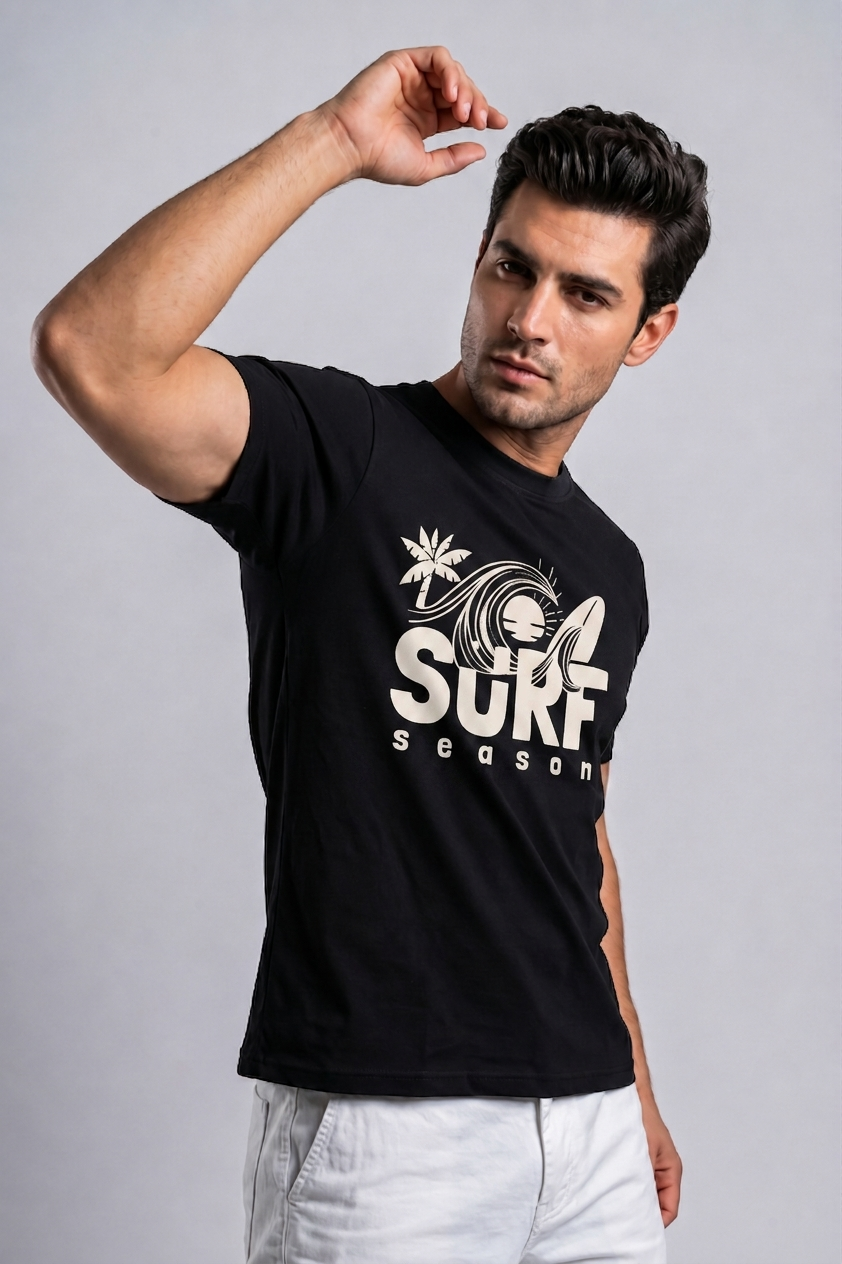 Attire Hub Mens Pure Cotton Black Surf Season Printed Round T-Shirt