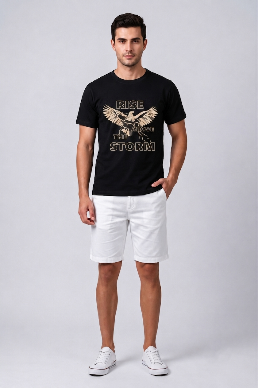 Attire Hub Mens Pure Cotton Black Rise Storm Printed Round T-Shirt