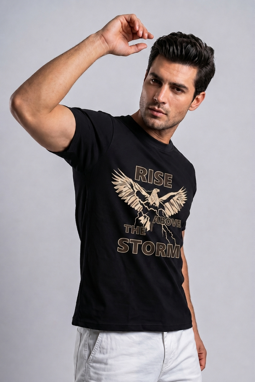 Attire Hub Mens Pure Cotton Black Rise Storm Printed Round T-Shirt