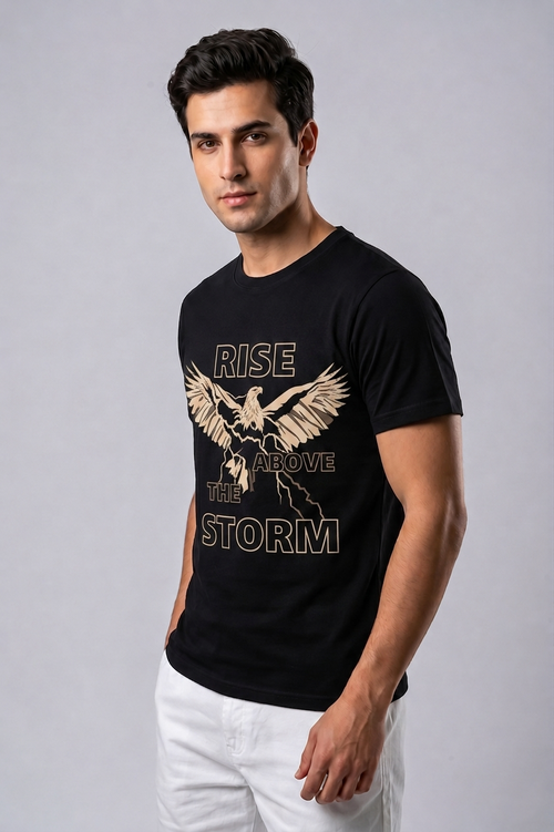 Attire Hub Mens Pure Cotton Black Rise Storm Printed Round T-Shirt