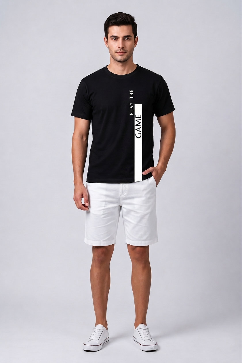 Attire Hub Mens Pure Cotton Black Play The Game Printed Round T-Shirt
