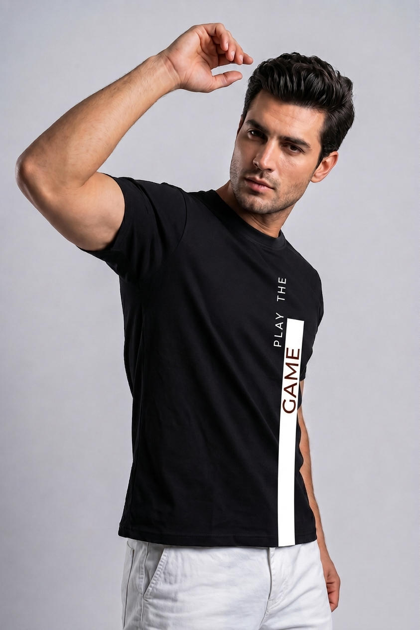 Attire Hub Mens Pure Cotton Black Play The Game Printed Round T-Shirt